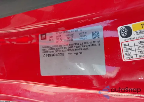 2016 Chevrolet Camaro 1Lt из США, поврежденный, VIN 1G1FB1RS4G0191780